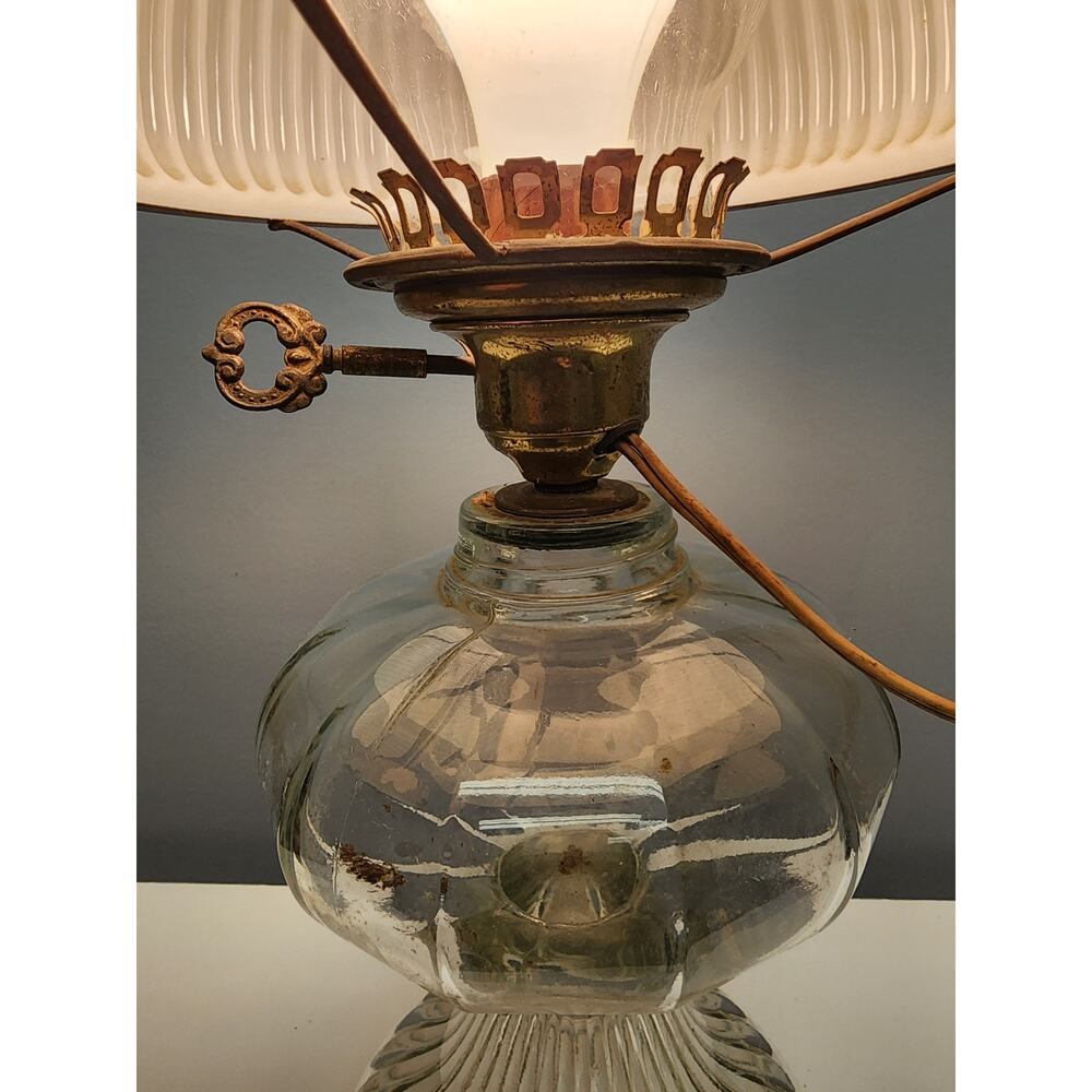 Vintage Electric Oil Lamp w/ Green Ribbed Glass Shade & Brass Burner –20.5" Tall - Picture 6 of 15